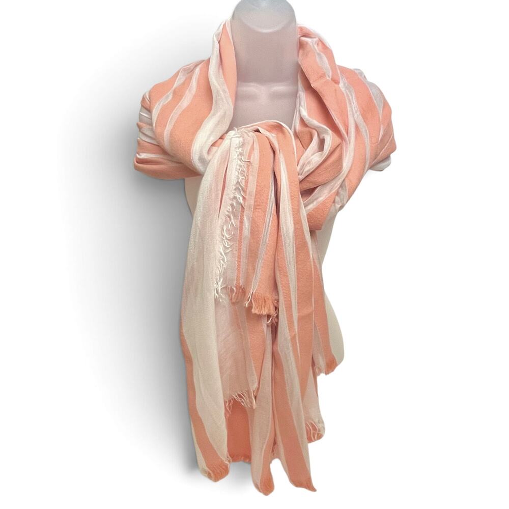 Vince Light Coral Gauzy White Stripe Cotton-Blend Fringe Shawl Wrap Scarf